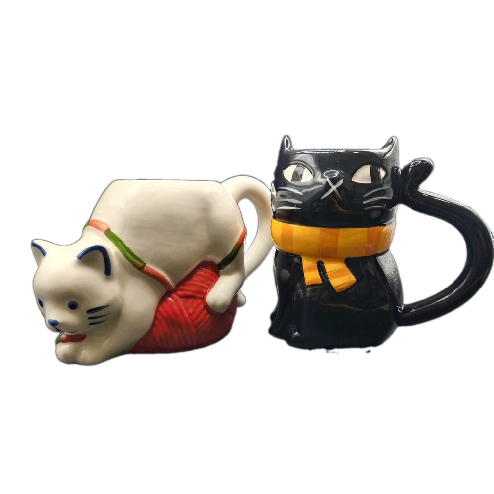 2-Target Wondershop Ceramic Cat Lover Mugs-White Kitty with Yarn & Black Cat